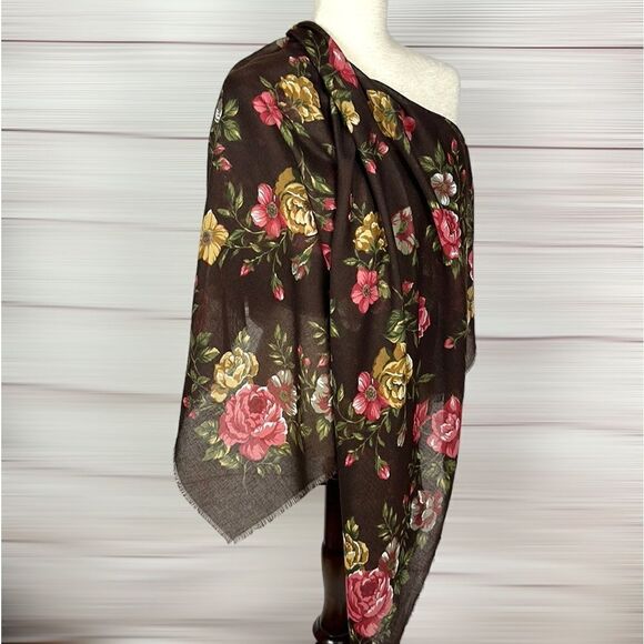Large Square Brown Floral Roses Scarf Shawl Wrap 46x46 - Picture 1 of 10